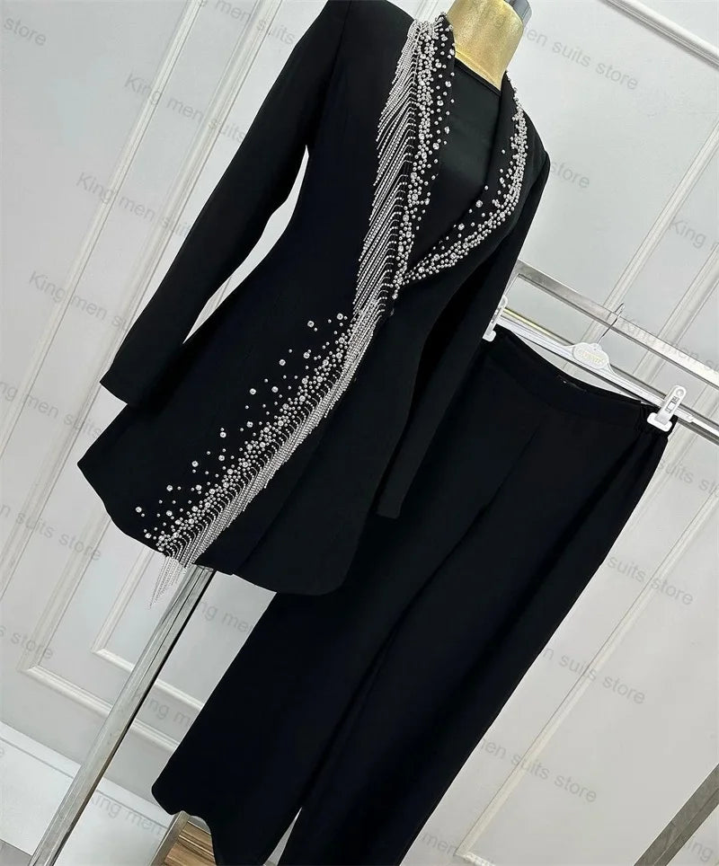 Maxy Luxury Crystal Black Women Suit Pants Set 2-Pieces Blazer+Trousers Beading Coat Formal Office Lady Jacket Tailored