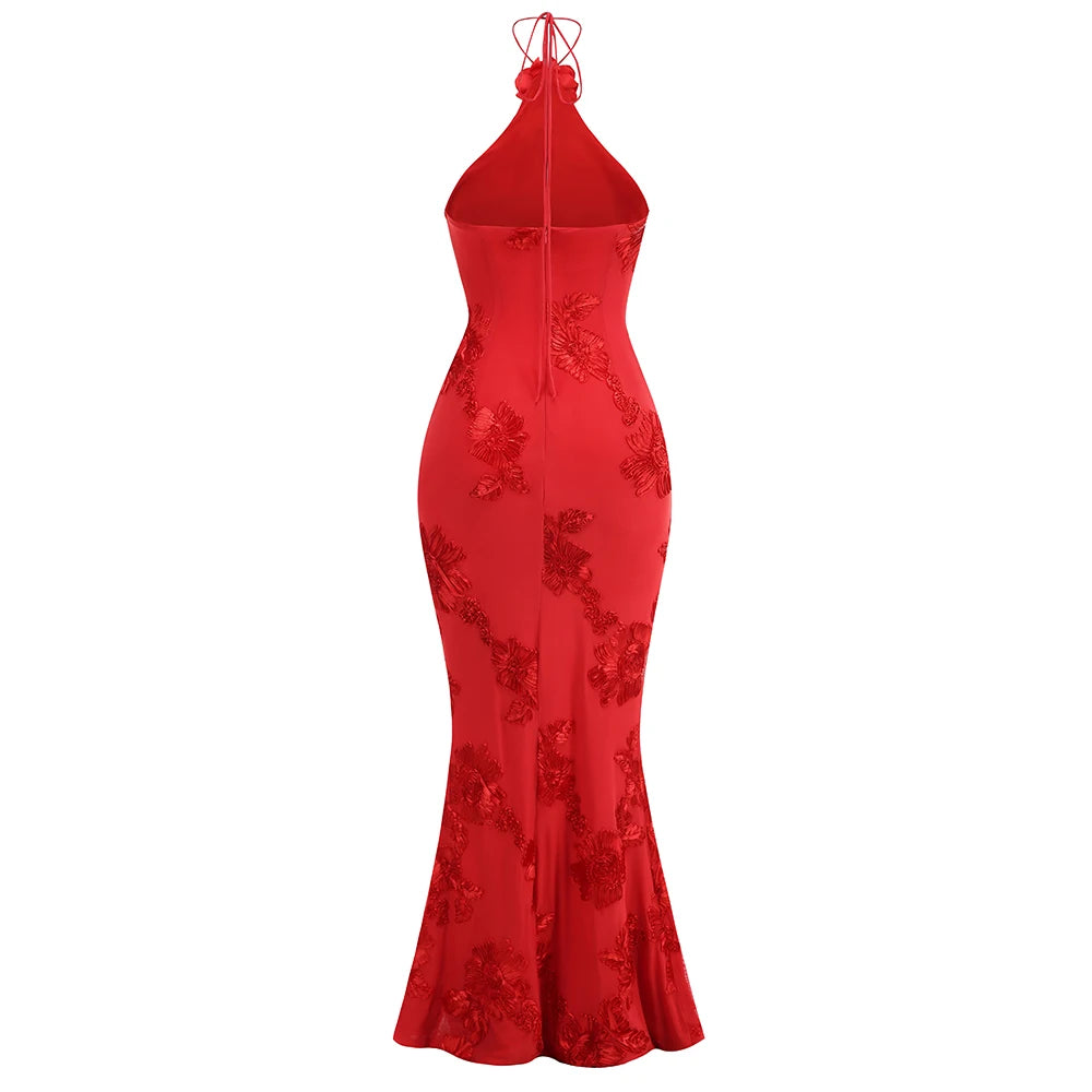 Women Ready Party Dress Red Sky Blue Halter Backless Lace Embroidery Bodycon Maxi Long Celebrity Evening Club Gowns Gala Clothes