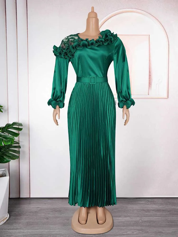 Maxy Woman Autumn Clothes Maxy Long Sleeve Dress with Belt Evening Birthday Elegant and Chic Pleated Dress Plus Size Party Dress