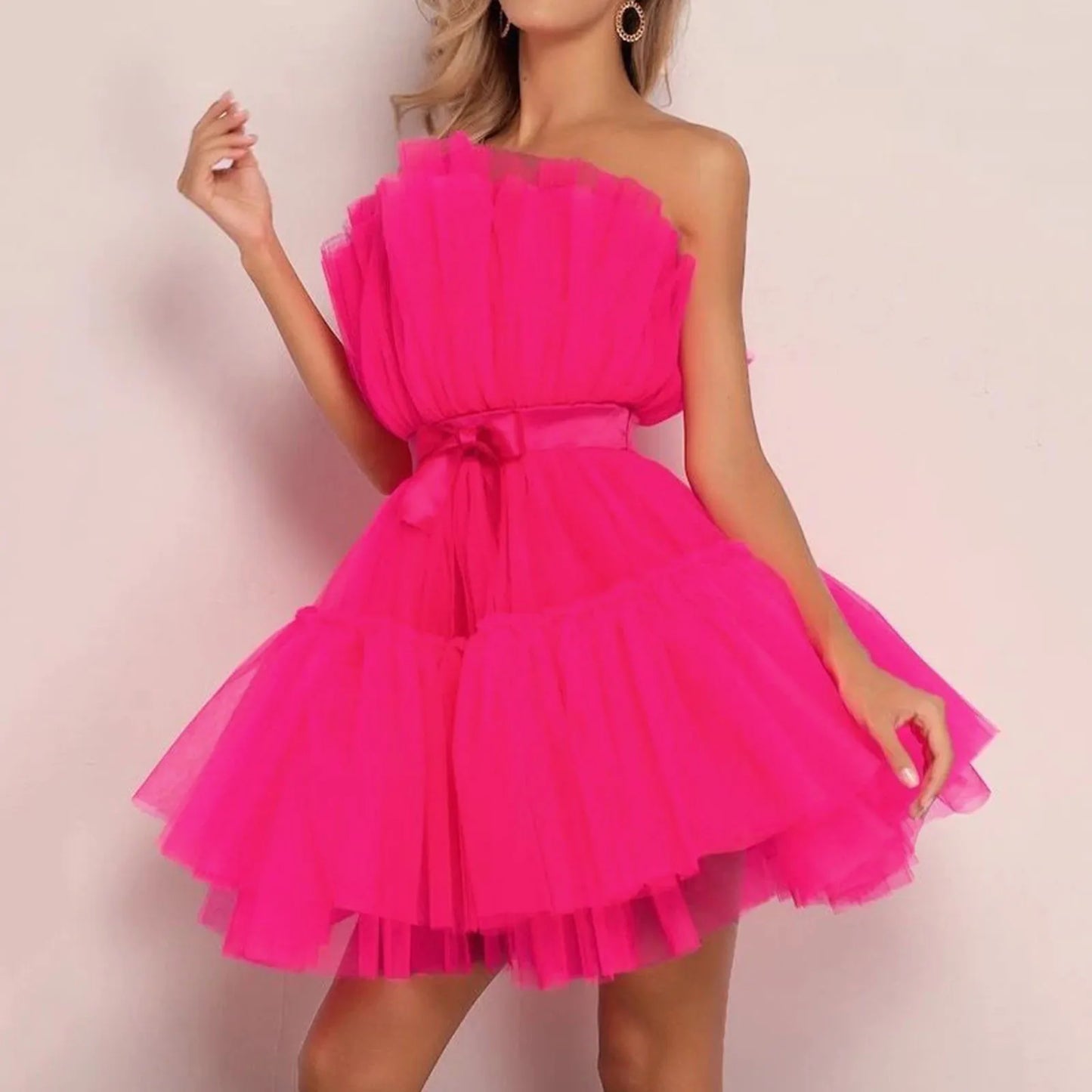 Temperament Sleeveless Puffy Evening Gown Dresses Pink Womens Off Shoulder Sweet Heart Top Wedding Pleated Evening Dresses