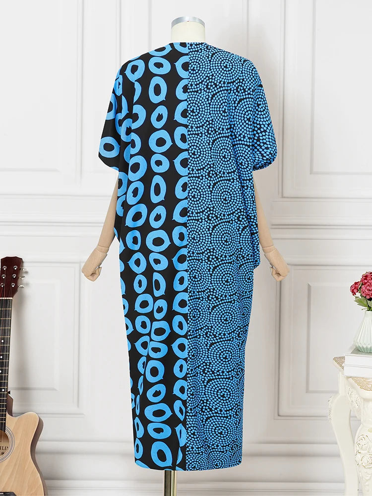 Amay Summer Dress Women Vintage Patchwork Printed Long Sundress Casual Loose V-Neck Bat Sleeve Party Robe