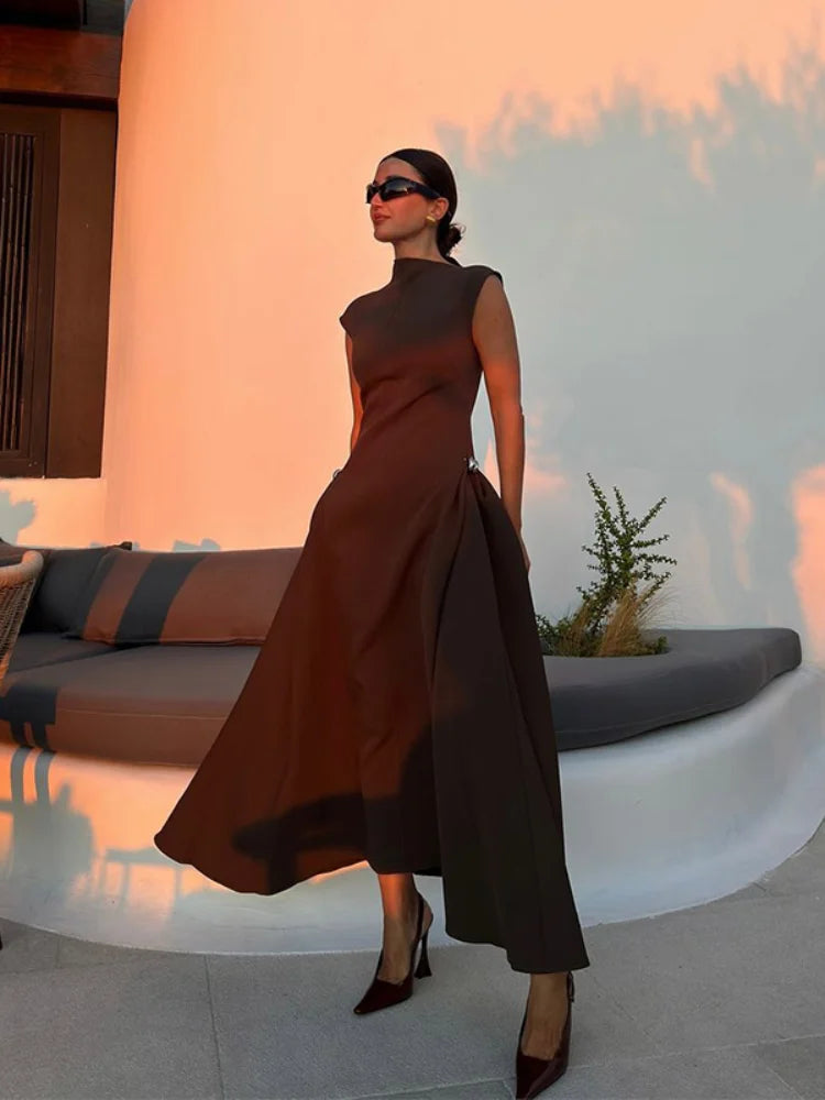 Amay Women Elegant Brown Irregular Collar High Waist Long Dress Fashion Sleeveless Retract Waist A-line Dresses Lady New Party Robe