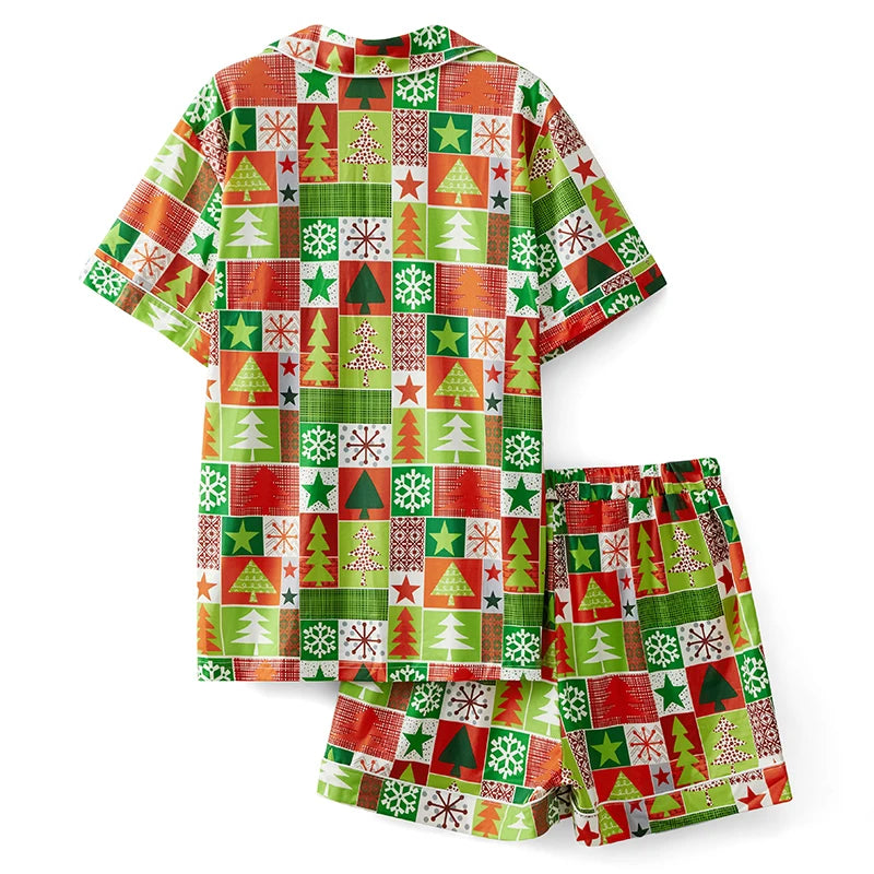 Maxy Christmas Family Pajamas Matching Set Christmas Tree Candy Print Tops and Drawstring Shorts Sleepwear