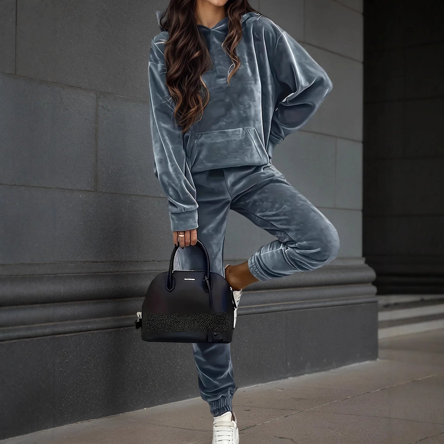 Maxy Autumn Winter Velvet Tracksuit Set Elegant Soft Pocket Pullover Top Female Loose Sweatsuit Pants Suit Two Piece Set Outfits