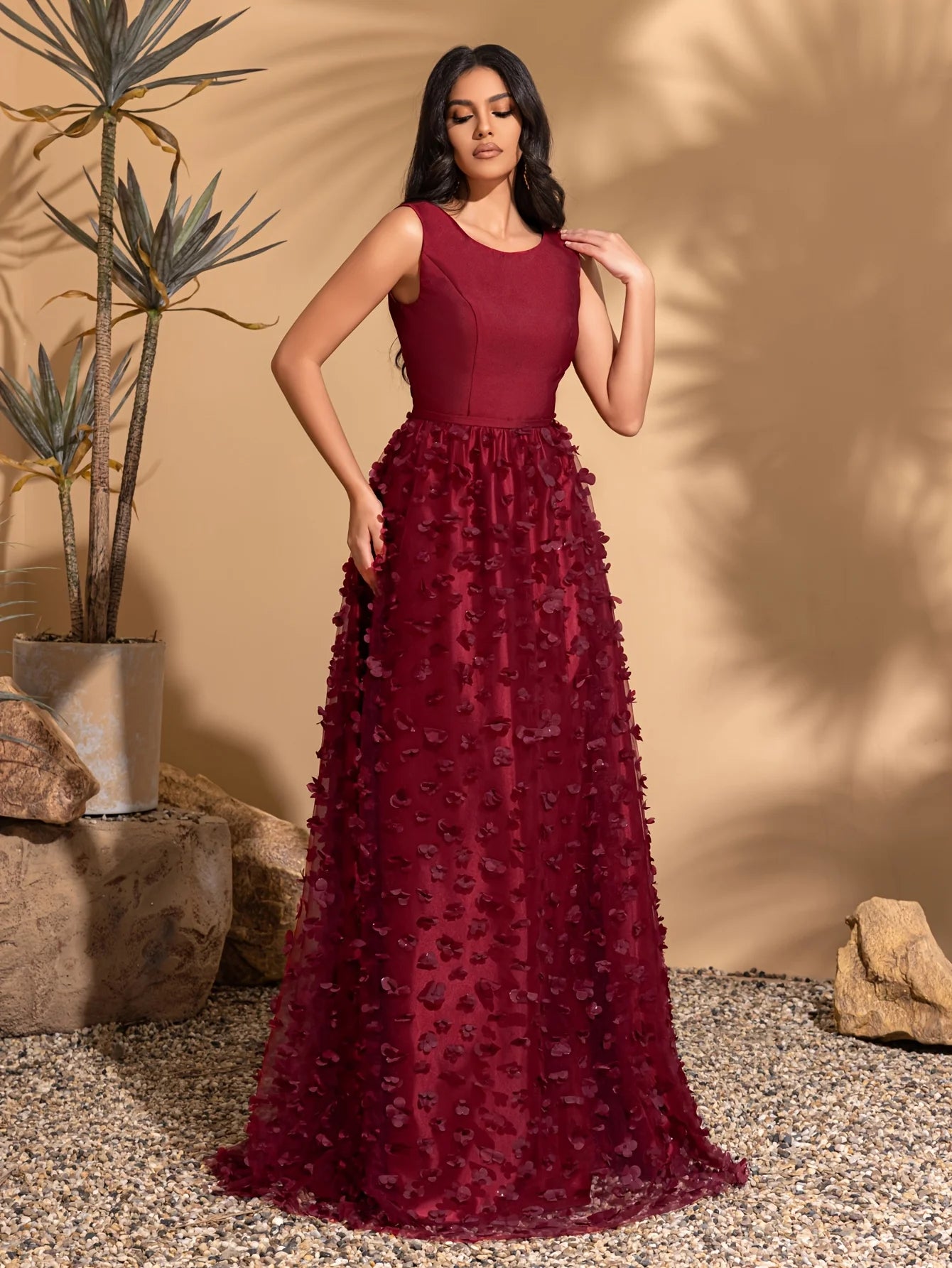 Maxy Satin round neck sleeveless flower embellishment A-line dress