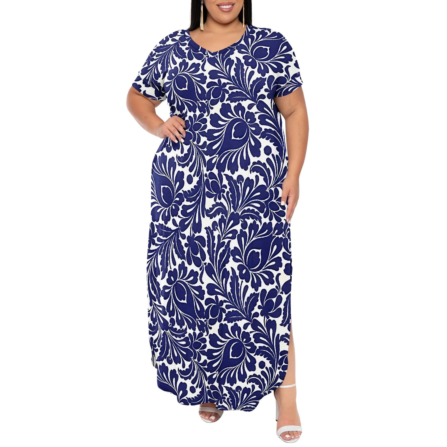 Maxy Plus Size V-Neck Short Sleeve Dress Navy White Stripe Scroll Print Elegant Summer Wear