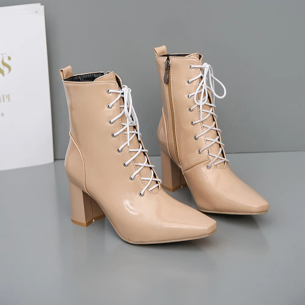 Macy Brand New Comfortable Apricot White Women Ankle Dress Boots High Square Heels Lady Shoes LM293 Plus Big Size 11 43 45 47