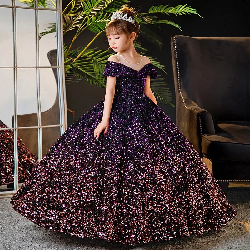 Maxy Little Girl Deep Purple Dresses Party and Wedding Summer Kids Birthday Evening Long Dress Sequin Luxury Gowns Child Costume