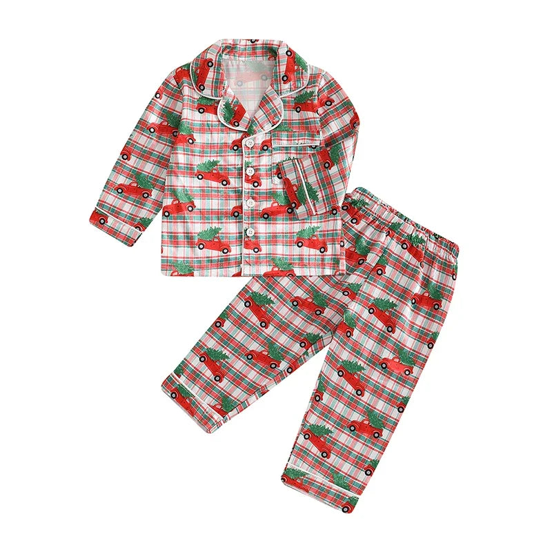 Toddler Christmas Pajamas Long Sleeve Red Truck/Tree Print Shirt and Pants Set Fall Winter Baby 2 Pieces Loungewear for 1Y to 5Y