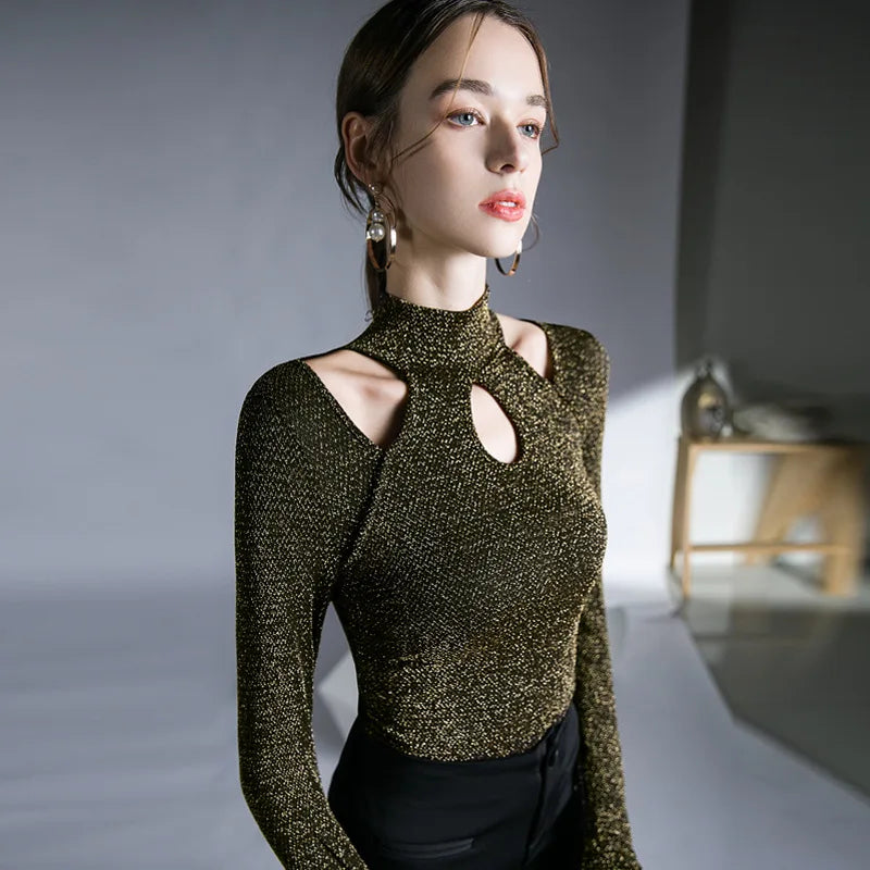 Amay Spring Autumn Long Sleeve Shinning T Shirts Women Hollow Out Stand Collar Tee Shirt Lady High Stretch Slim Top