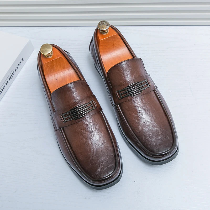 Amay Italian High-end Leather Slip-on Shoes Mens Business Dress Round Head British Slip-On Formal Casual Loafer Oxford Shoes Wedding