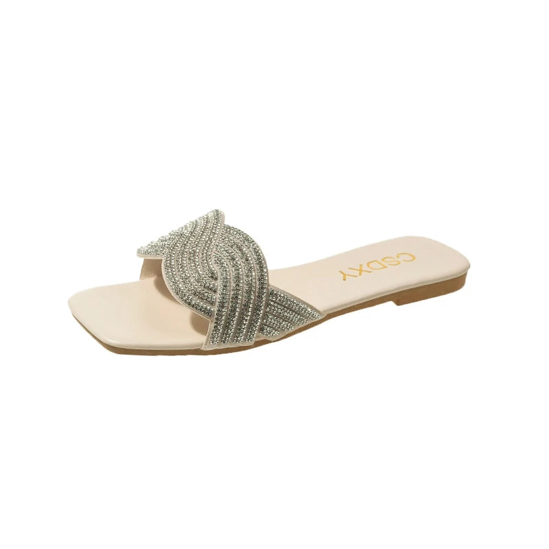 Maxy New 2024 Summer Flat Heel Rhinestone Ladies Shoes Women Fashion Rhinestones Sandals High Quality Outdoor Beach Slides Slippers