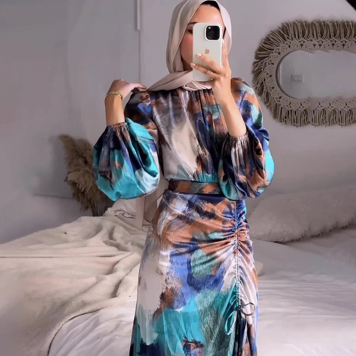 Maxy Women Exotic Floral Printed Muslim Dress Long Skirt with Pleated Waist Spring Fashion Long Sleeve Casual Abayas Dubai Turkey