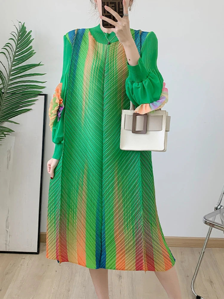 Maxy Miyake Pleated Elegant Dress Women Round Neck Spliced Fungus Long Sleeve High Stretchy Loose Dresses Spring New 6R0518