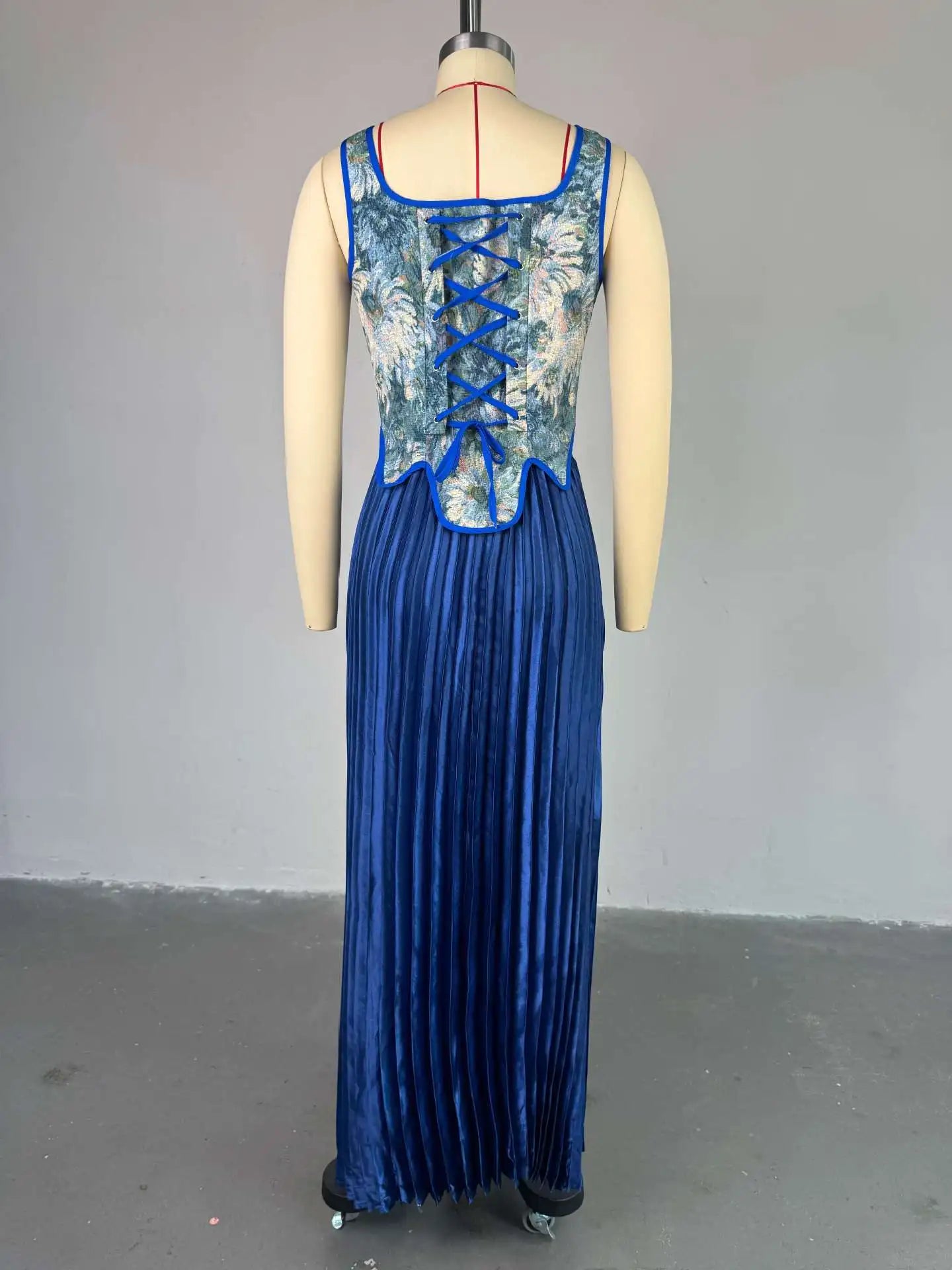 Maxy Vintage French Court Style Long Dress Set Y2K Fresh Floral Print Waist Cinched Vest Top High Waist Pleated Skirt Two-Piece Set