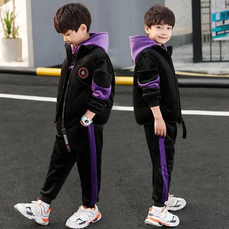 Maxy New Winter Boys Tracksuit Autumn Toddler Teenager Clothes Vest Velvet Jacket + Sweatishrt Hooded + Pant Children Kids 4 12 Year