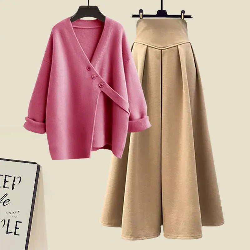 Amay Autumn and Winter Fashion Women's Set New Korean Knitted Sweater Sweater Age Reducing Slim Half Skirt Two Piece Set