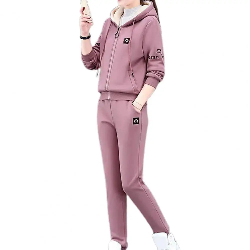 Winter Thickened Lambswool Tracksuit Women Hooded Zip Up Sweatshirt Plus Velvet Pant Suit Casual Two Piece Set chandals mujer