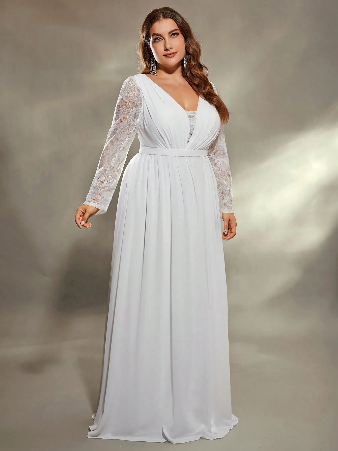 Maxy Mgiacy plus size  Deep V shoulder lace long sleeve chest pleated chiffon wedding dress A full skirt Evening gown Ball dress