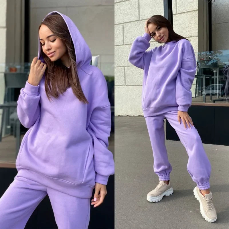 Maxy Winter Tracksuit Women Two Piece Set Solid Warm Suits Hoodies Sweatpants Oversized Pullovers Long Pant Sportswear