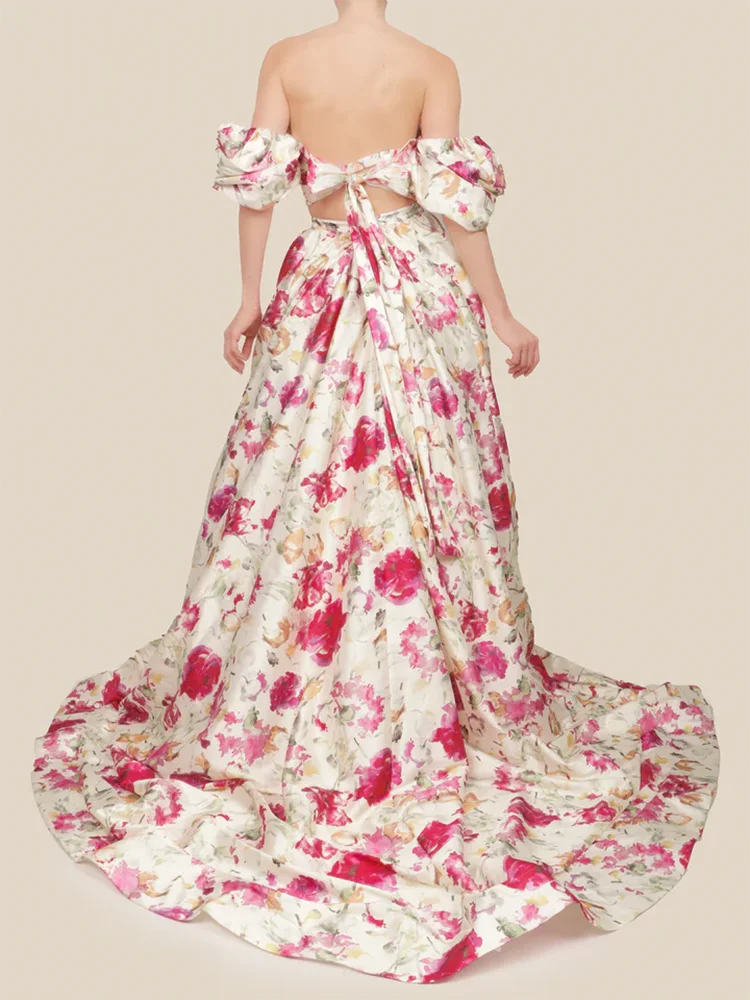 Maxy Elegant Print Two Piece Set for Women Square Collar Puff Sleeve Short Tops High Waist Long Skirts Evening Sets Female New