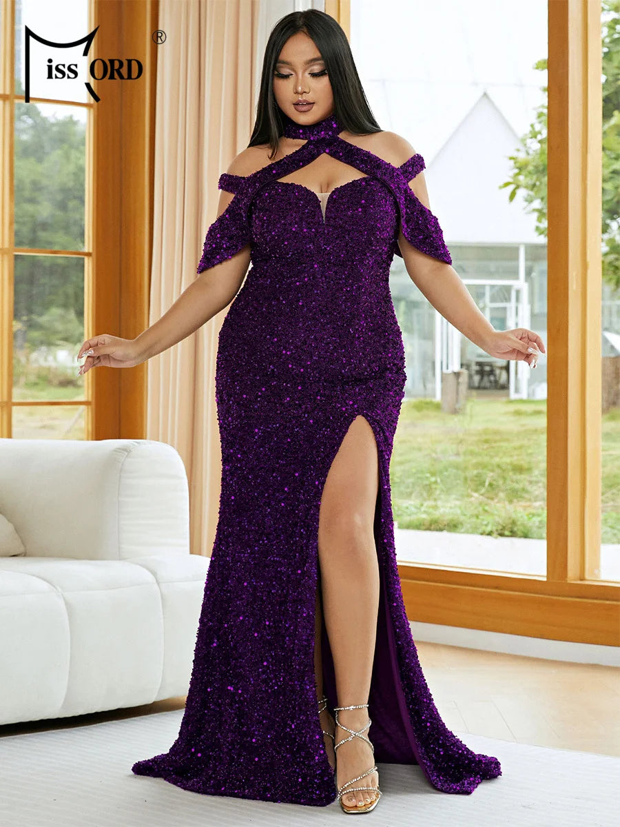 Momsey Plus Size Halter Sequin Split Floor Length Dress Elegant Party Dresses For Women