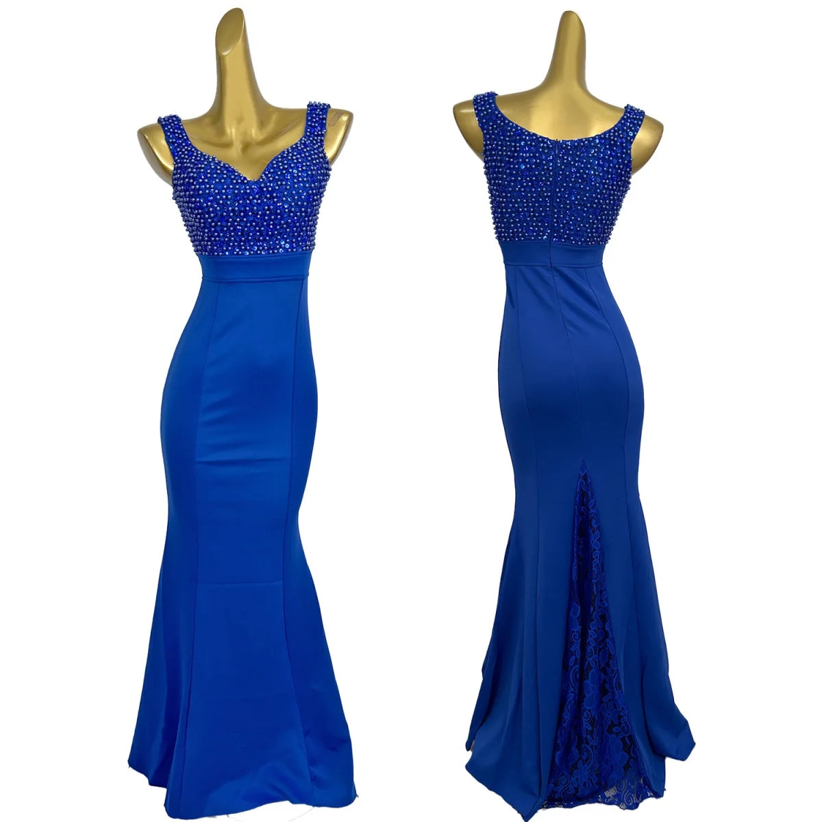 Maxy Sexy Women Elegant Blue Long Dress Spandex Fishtail Gown Birthday Party Photo Shoot Wear Prom Gala Pearls Sequins Evening Dress