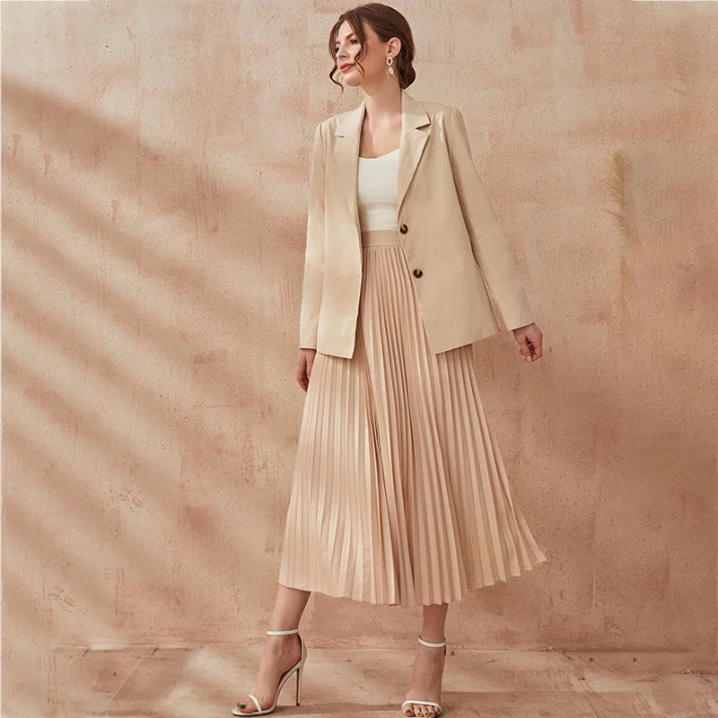 Maxy Women's 2024 Autumn Fashion Casual Professional Style Suit Coat Strap Pleated Skirt Set Blazer Dress