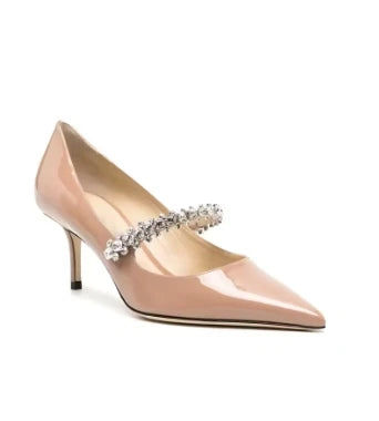 ViscoBright Black Single Shoes with Rhinestones Low Heels Patent Leather Women Dress Shoes Pointed Toe Stilettos with Ankle Strap