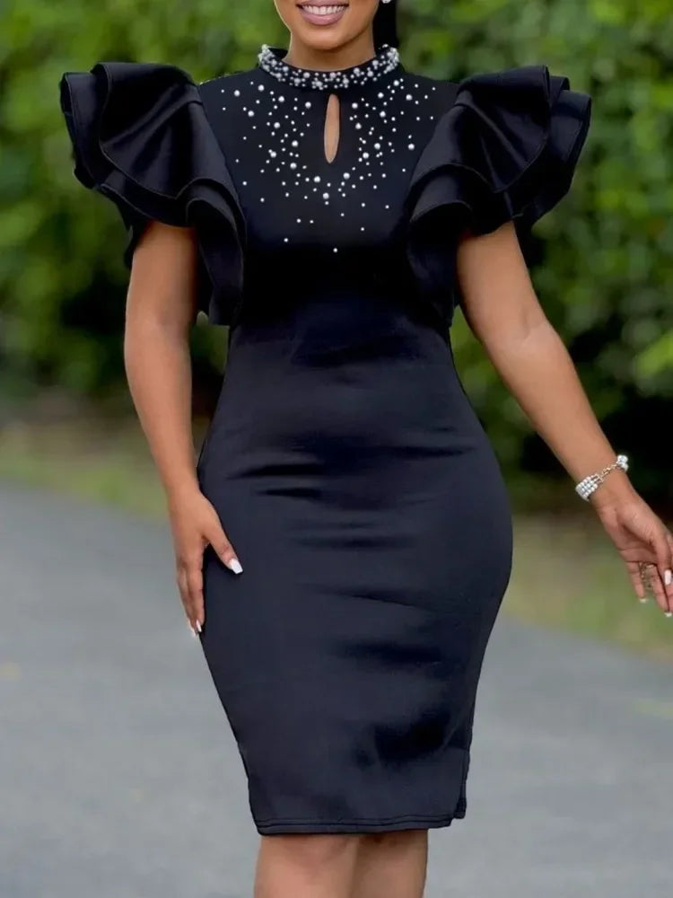 Amay Dresses For Women Summer Spring Africa Clothing Short Sleeve Sexy O-Neck Perspective Slim Office Lady Party Dress