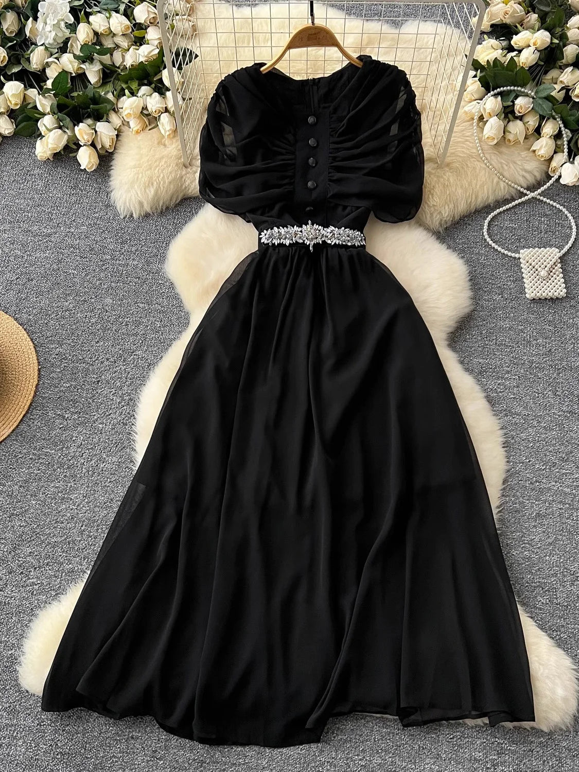Maxy Spring Summer Women Red/Purple/Green Draped Chiffon Long Dress Vintage Round Neck High Waist A-Line Female Robe New