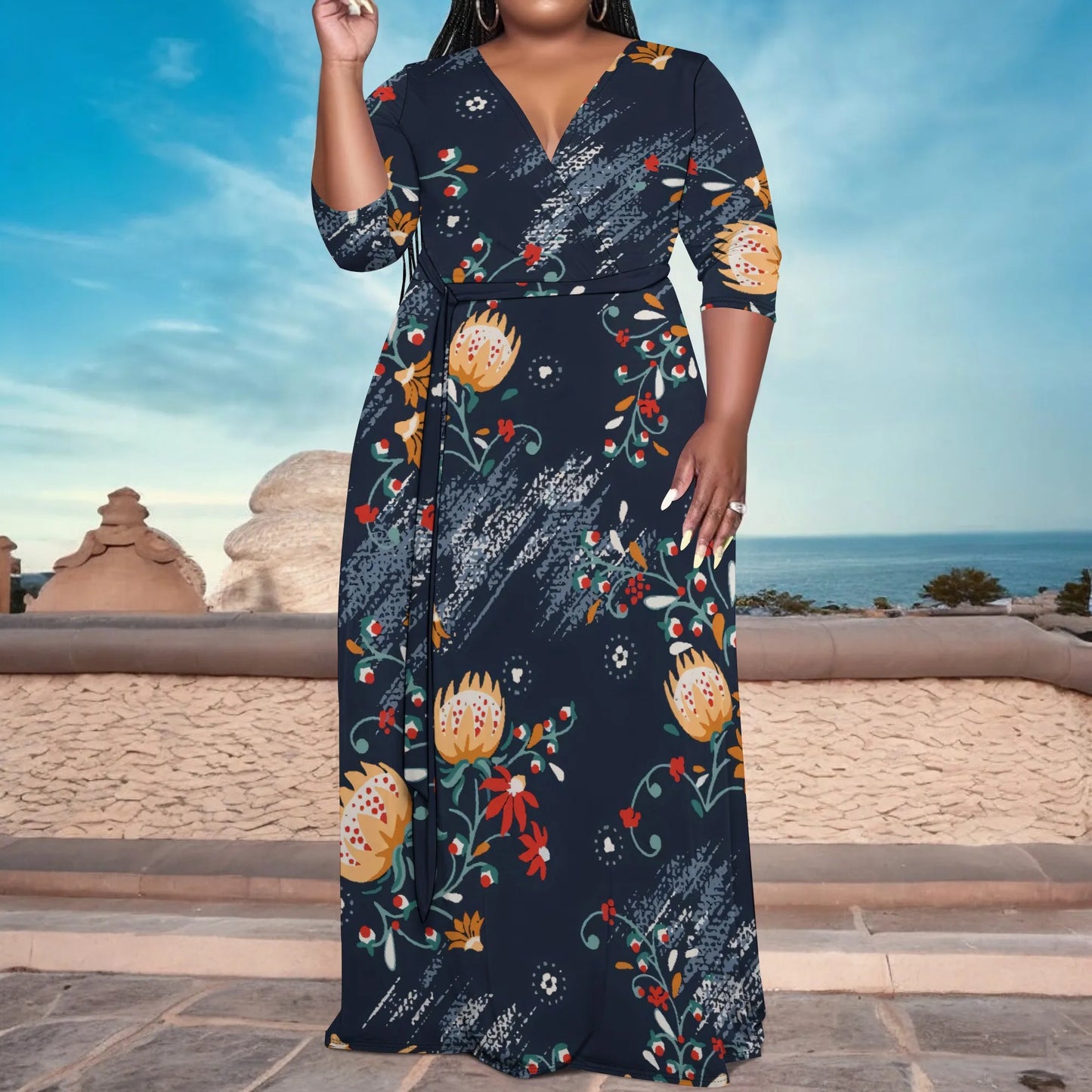 Maxy Plus Size Women's V-Neck Half Sleeve Abstract Floral Maxy Dress Elegant Summer Vacation Dress