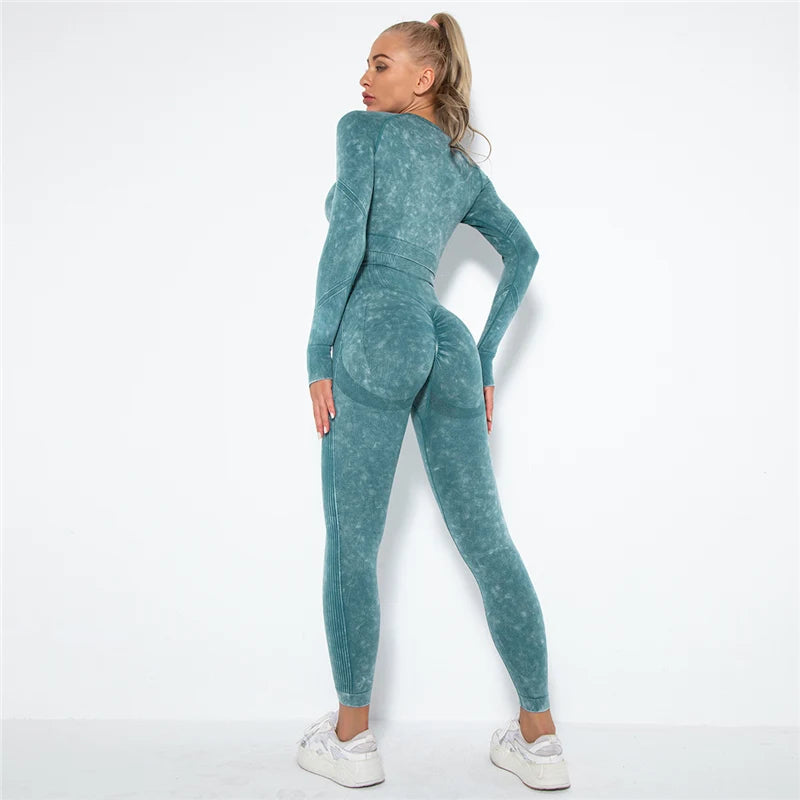 Seamless Sports Suits Women O-neck Crop Tops Long Sleeve Push Up Leggings Sets Gym Wear Summer Two Pieces Sets Tracksuit Feamle