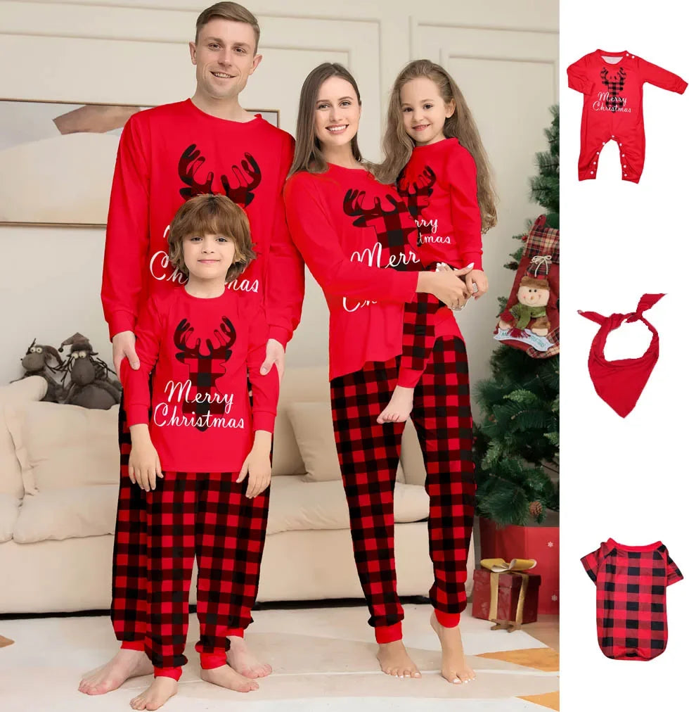 Maxy 2024 Christmas Parent-child Outfit Print Pajama Set, Long Sleeve Crew Neck Top&lattice Striped Pants,Women's Sleepwear & Lounge