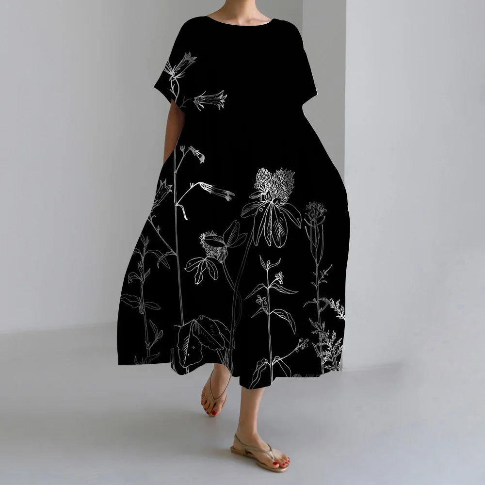 Maxy Summer New Bohemian Casual Dresses Vintage Women's Cotton Printed Dresses Womens Floral Long Dresses Round Neck Pullover Dresses