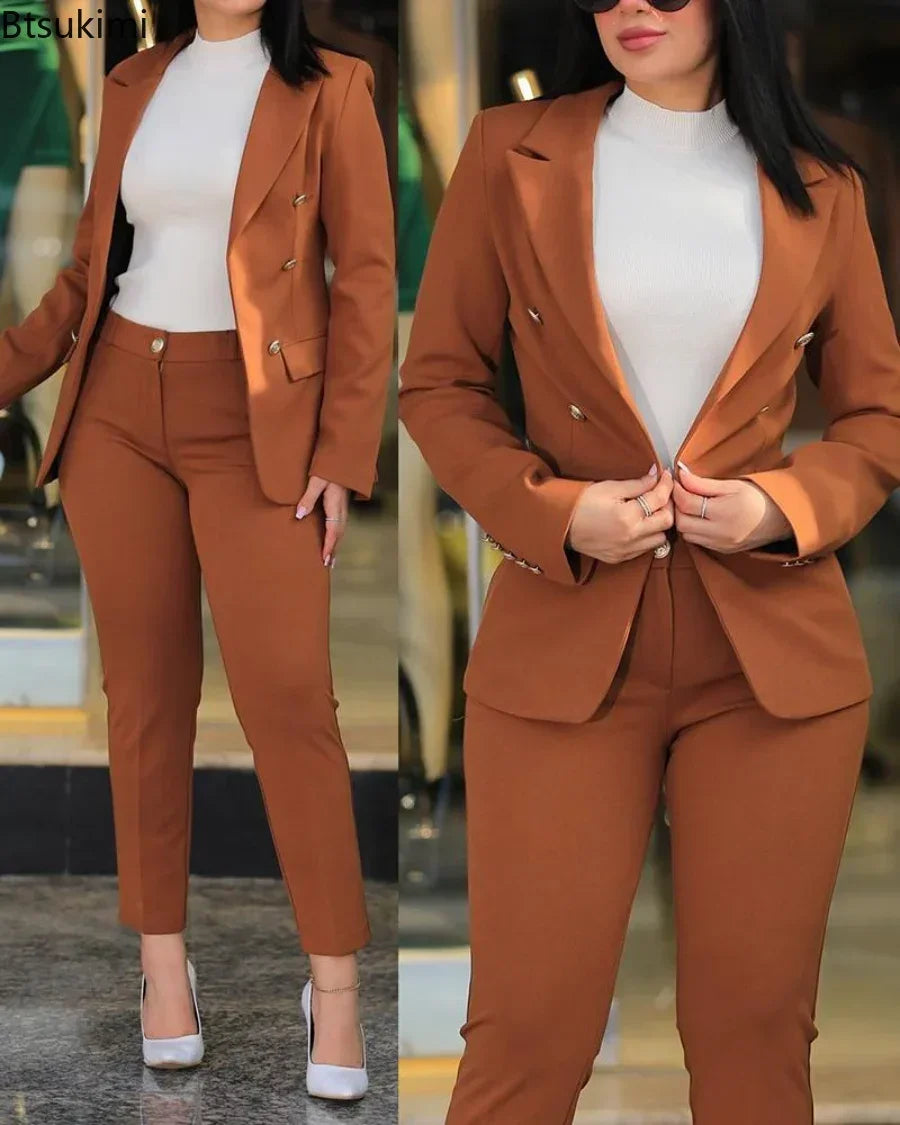Maxy Women's Formal Office Pant Sets 2PCS Double Breasted Solid Blazers Jacket and Pants Two Pieces Set Female Pant Suits
