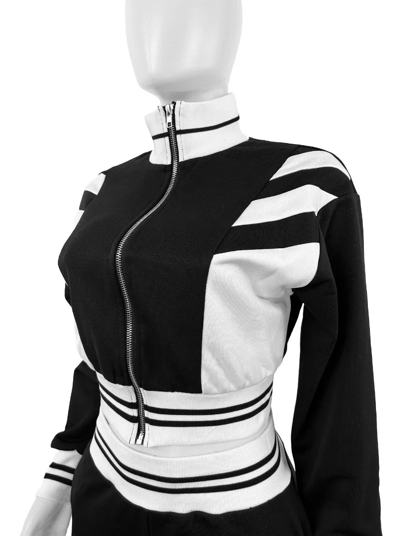 Maxy Contrast Color Women Autumn 2 Piece Set Stand Collar Long Sleeve Zipper Sweatshirts Crop Tops + Flare Pants Streetwear Tracksuit