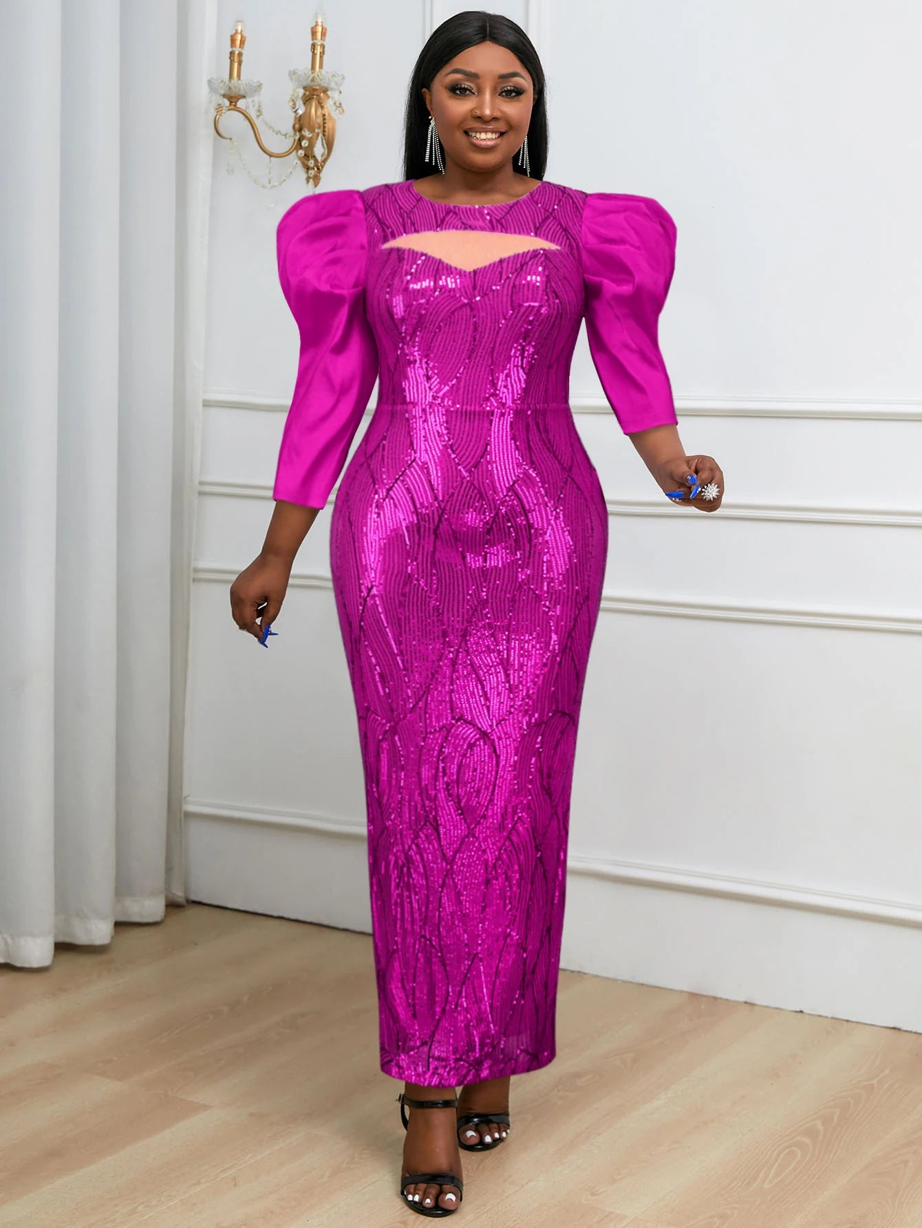 Babs Luxury Sequin Fuchsia Women Event Dress O Neck Mesh Patchwork Puff Sleeve Bodycon Stylish Long Formal Party Evening Prom Gowns