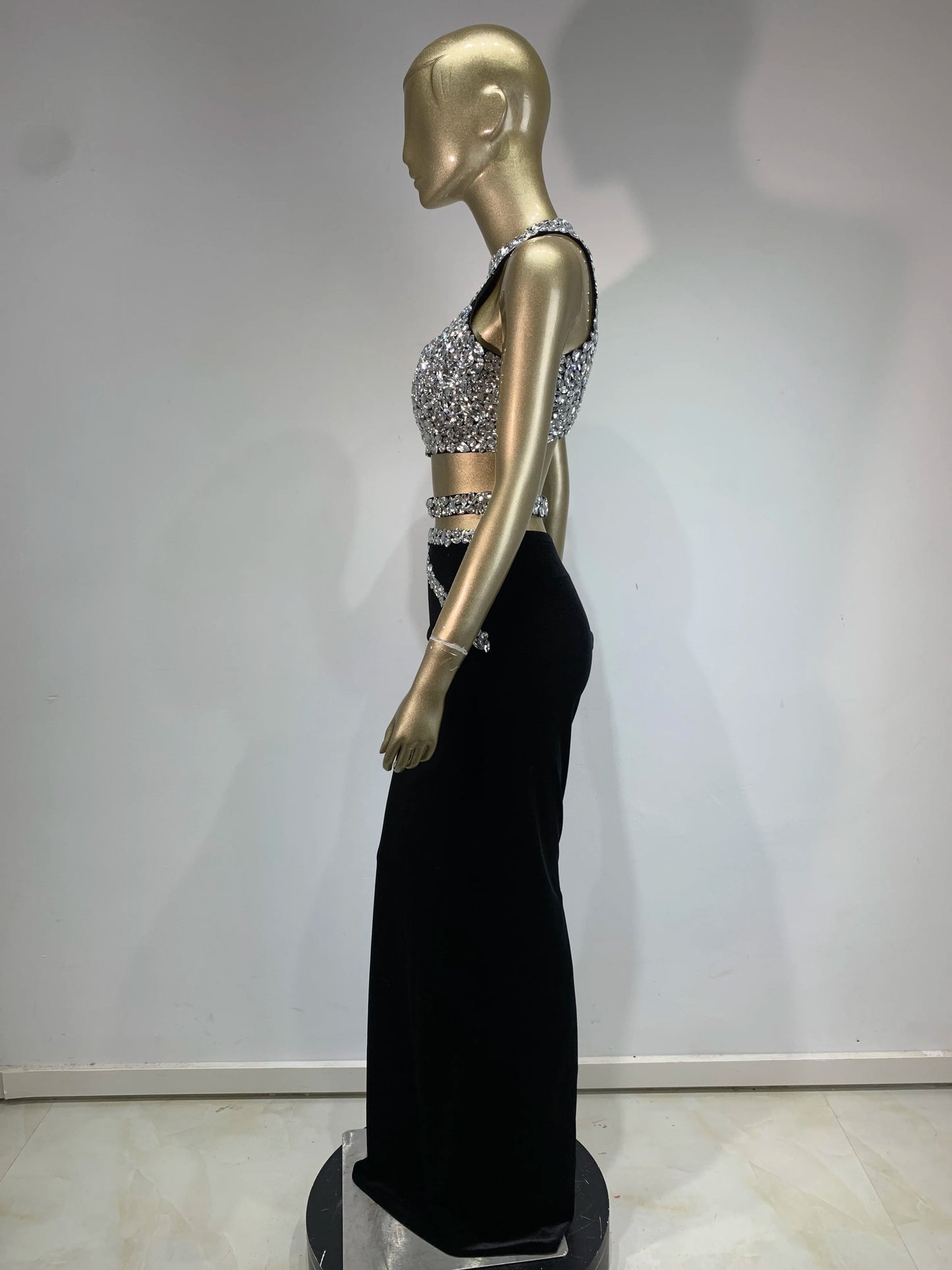 Maxy Sparkly Rhinestone Two-piece Set Women Sexy Velvet Singer Nightclub Outfit Celebrate Birthday Elegant Party Dresses