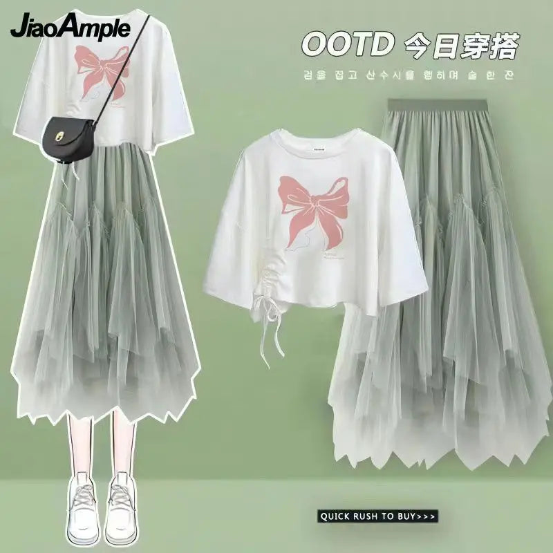 Maxy Summer New Korean Elegant Cute Short Sleeved T-shirt+Mesh Midi Skirt Two Piece Suit Women's Loose Top Dress Matching Set