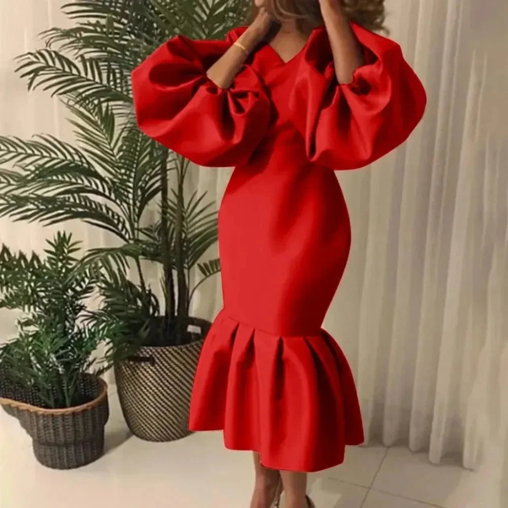 Maxy Plus Size Casual Elegant Fashionable Women's Fashion Solid Color V-Neck Bubble Long Sleeved Fishtail Dress Party Evening Dress