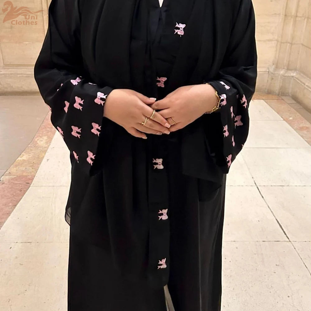 Maxy Butterfly Embroidery Muslim Modest Cardigan for Women Ramadan Saudi Arabia Black Hijab Abaya Islam Turkey Kaftan Robe