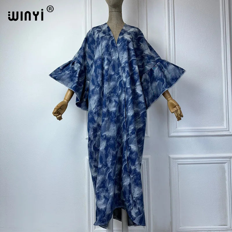 Maxy Tie-dyed Jacquard wash denim Cardigan maxy Dress elegant Party Holiday Swimming beach Cover Up fashion dress