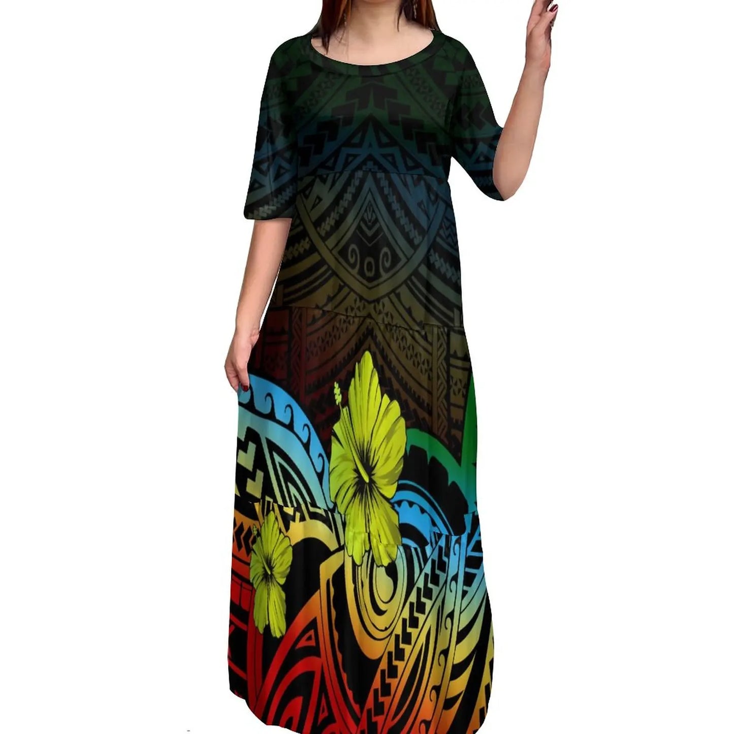 Maxy Customize Printed Logo Oem Dress Brown Polynesian Tribal Tattoo Dresses Ladies Flare Sleeve Round Neck Casual Mini Bodycon Dress