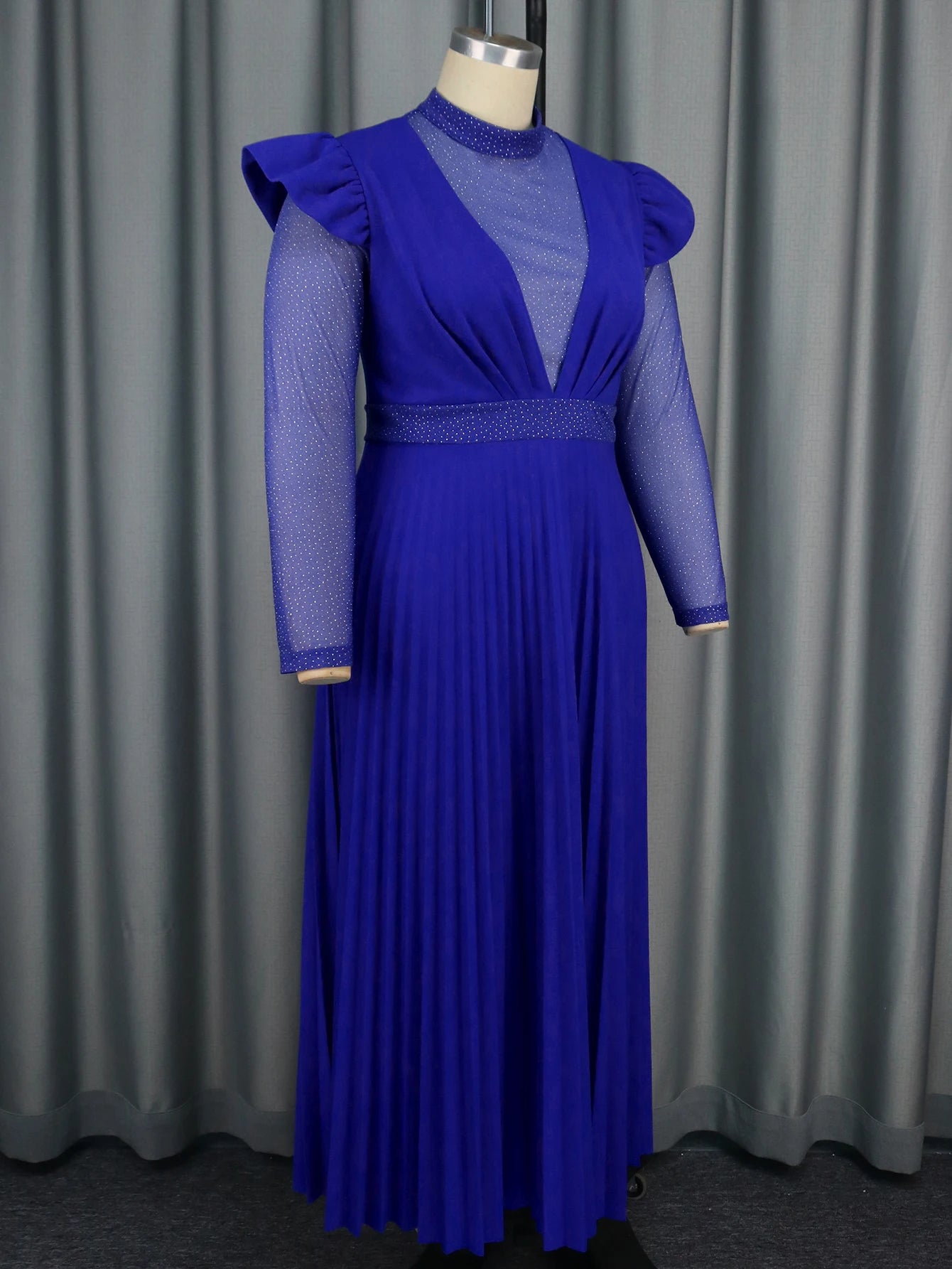 Amay Women Blue Maxy Evening Party Dress High Neck See Through Sheer Mesh Patchwork Long Sleeve Empire Pleated Gown Plus Size