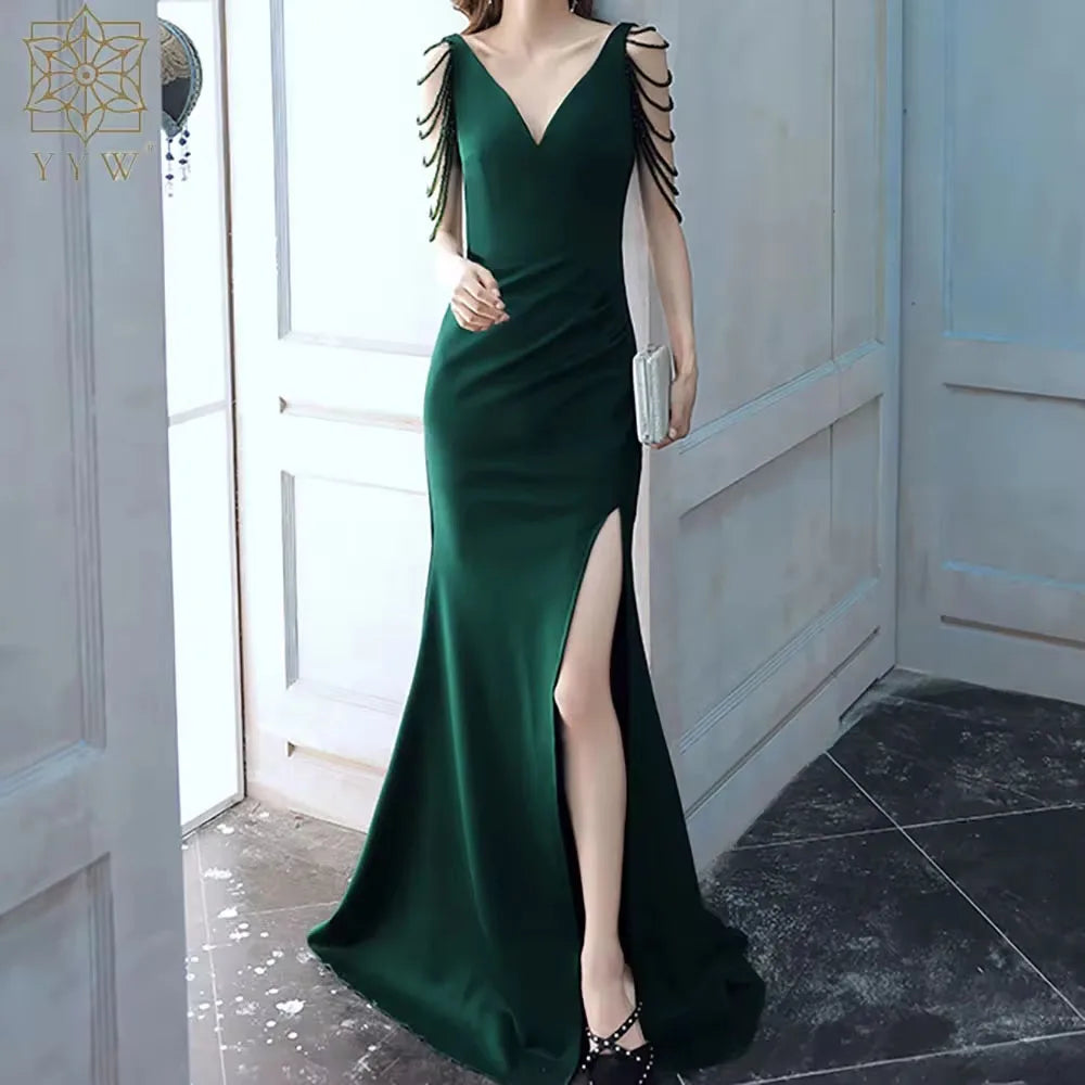 Maxy Evening Dress for Women Classic Beading V Neck Mermaid Ball Gown Satin Cocktail Party Vintage Elegant Long Maxy Side Slip Robe