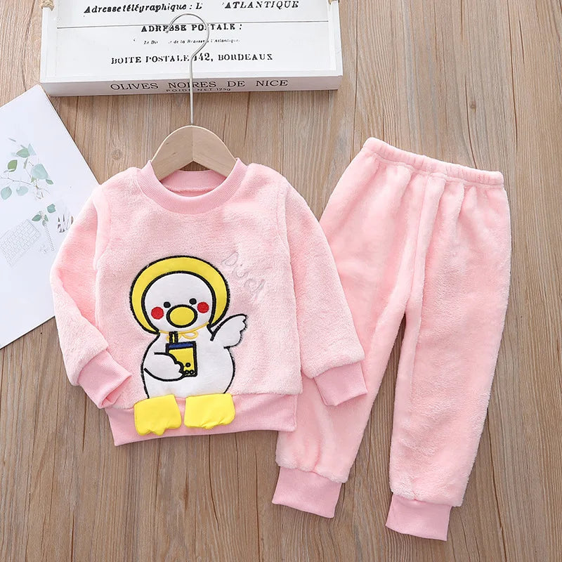 Babs Boy Clothing Set Autumn and Winter Velvet Thick Warm Casual Hooded Sweater Cartoon Cute Bear 3Pcs Toddler Girl Clothes Suit