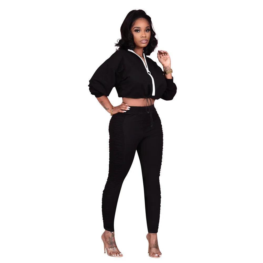 VANHAO 2022 Long Sleeve Cropped Zip Up Sweatshirts Women Two Piece Pants Set Casual Tracksuit Wholesale Dropshipping