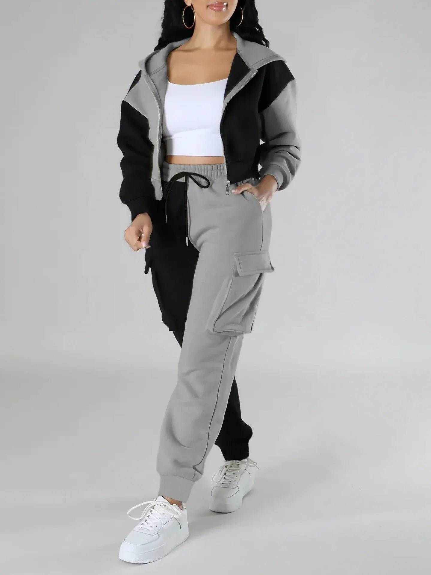 Women Loose Autumn Winter Two Pieces Suit Matching Sets Hoodie Tracksuit Blocked Zipper Short Outerwear Drawstring Cargo Pants