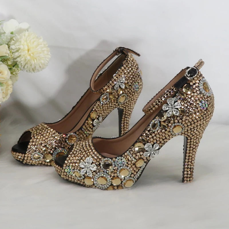 Momsey Peep Toe crystal Woman wedding shoes with matching bags Bridal fashion High Thick heel shoe Women party dress shoes Ankle Strap